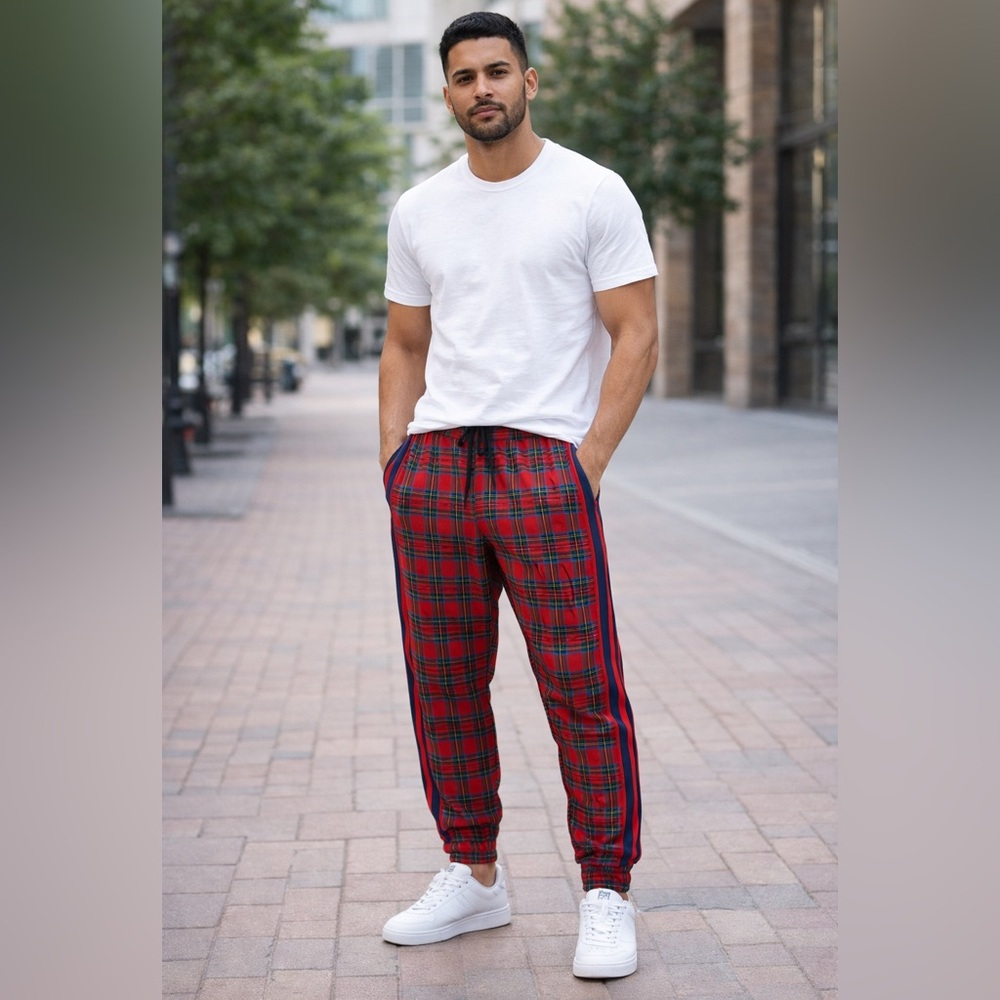 Social Republic Red Plaid Jogger Pants Side Stripe Drawstring
